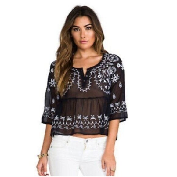 FREE PEOPLE Embroidered Sheer Blouse Top - Picture 2 of 9